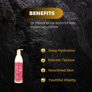 Product image of Zeenat Glow Booster and Hydrating Lotion 500ml detailing its skin care benefits.