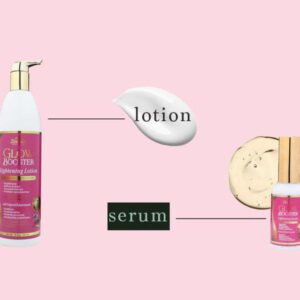 Zeenat Glow Booster Skin Lightening Set with lotion and serum bottles on a pink background.